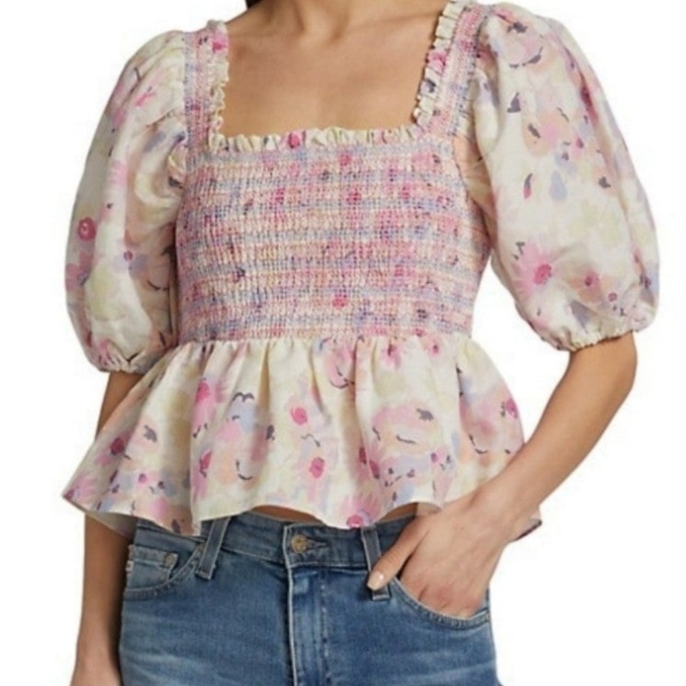 Peplum Floral Smocked Top in pink ivory pastels by Something Navy